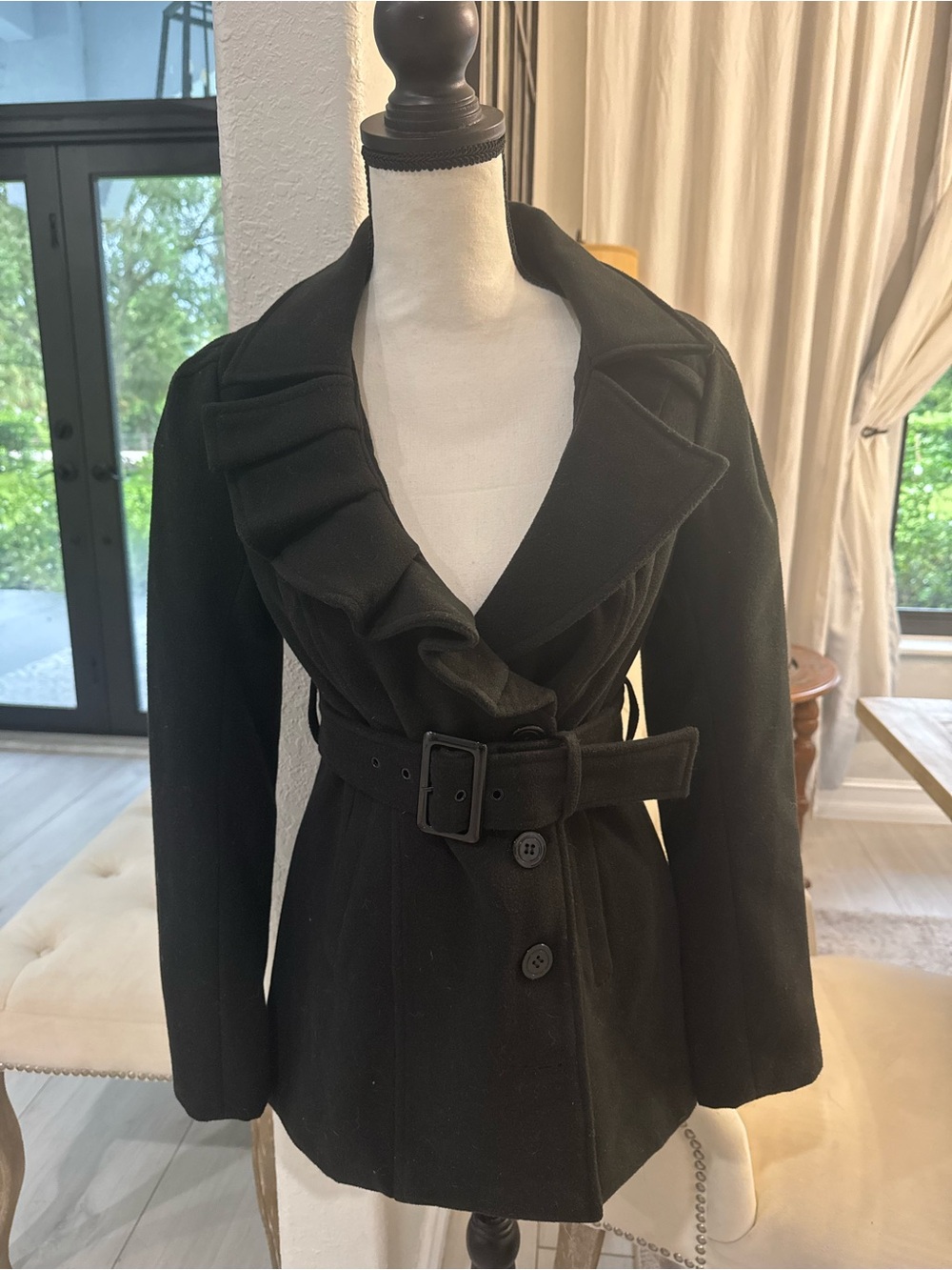 New York & Company Black Belted Women's Peacoat Jacket